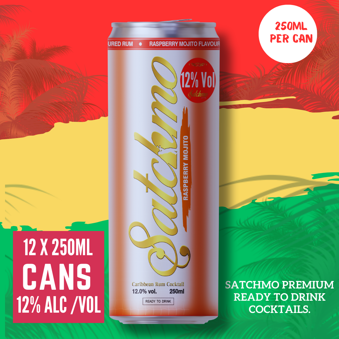 Satchmo Raspberry Mojito Cocktail, 12% ABV, Premium  Bar Quality Cocktails, Ready To Drink , 12 x 250ml Cans - Rumtops Ltd 