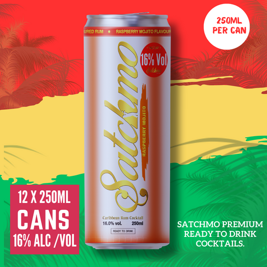 Satchmo Raspberry Mojito Rum Cocktail, 16% ABV, Premium  Bar Quality Cocktails, Ready To Drink , 12 x 250ml Cans - Rumtops Ltd 