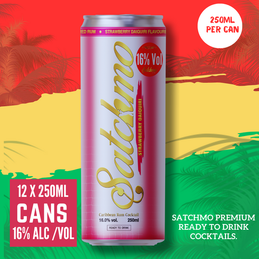 Satchmo Strawberry Daiquiri Rum Cocktail, 16% ABV, Premium  Bar Quality Cocktails, Ready To Drink , 12 x 250ml Cans - Rumtops Ltd 