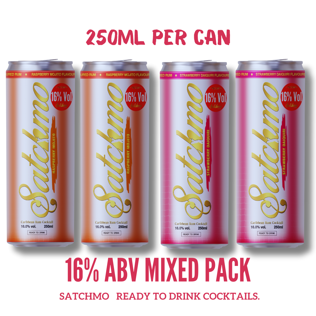 Satchmo Raspberry Mojito & Strawberry Daiquiri  Cocktail Mixed Pack, 16% ABV, Premium Bar Quality Cocktails, Ready To Drink , 4 x 250ml Cans - Rumtops Ltd 