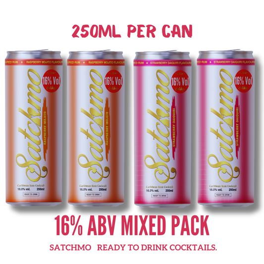 Satchmo Raspberry Mojito & Strawberry Daiquiri  Cocktail Mixed Pack, 16% ABV, Premium Bar Quality Cocktails, Ready To Drink , 4 x 250ml Cans - Rumtops Ltd 