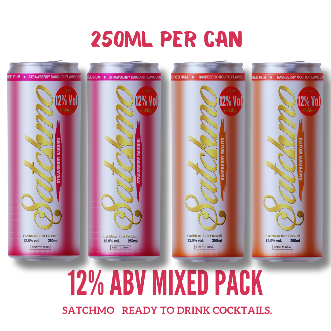 Satchmo Raspberry Mojito & Strawberry Daiquiri  Cocktail Mixed Pack, 12% ABV, Premium Bar Quality Cocktails, Ready To Drink , 4 x 250ml Cans - Rumtops Ltd 