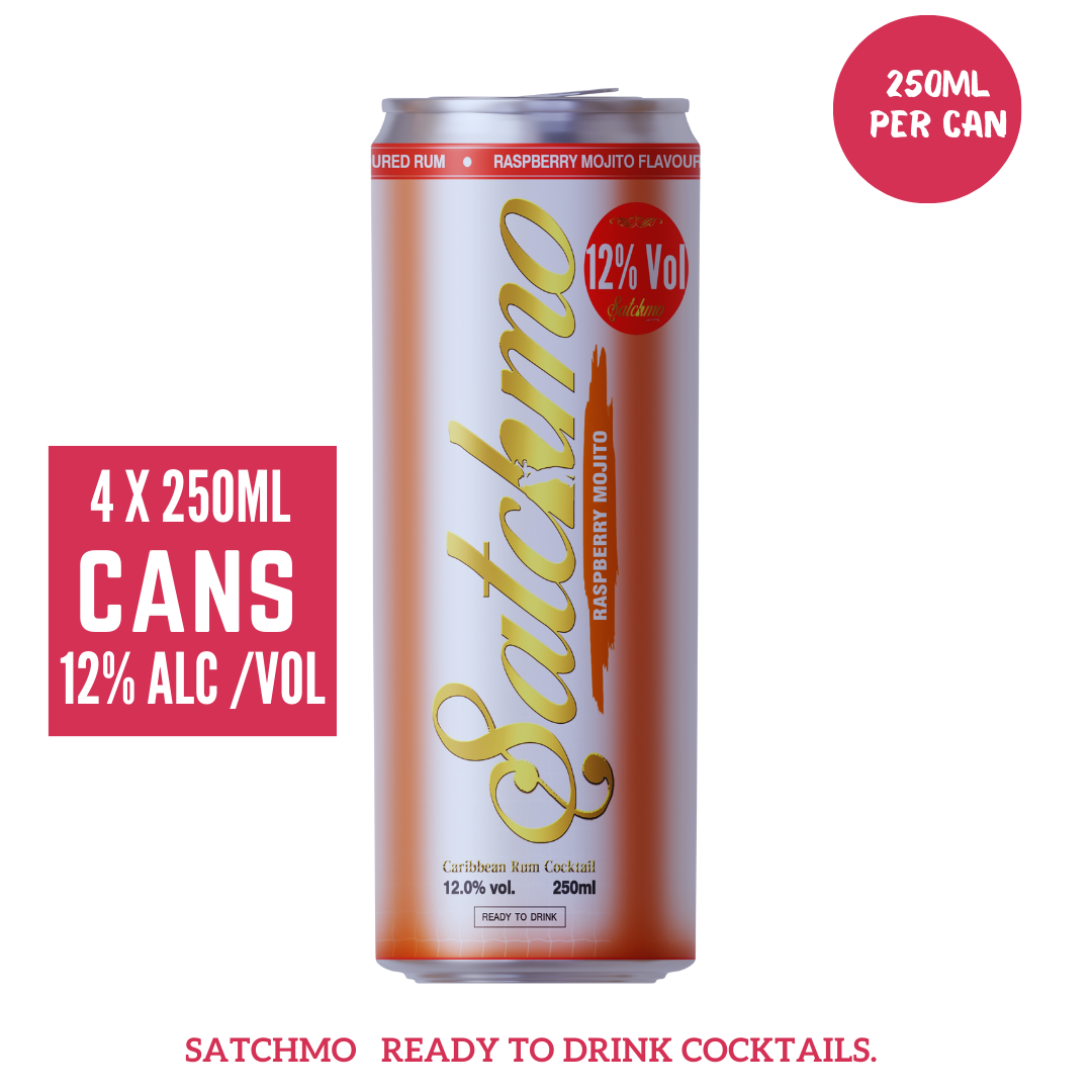 Satchmo Raspberry Mojito Cocktail, 12% ABV, Premium  Bar Quality Cocktails, Ready To Drink , 4 x 250ml Cans
