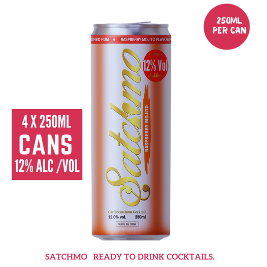 Satchmo Raspberry Mojito Cocktail, 12% ABV, Premium  Bar Quality Cocktails, Ready To Drink , 4 x 250ml Cans - Rumtops Ltd 