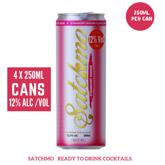 Satchmo Strawberry Daiquiri Rum Cocktail, 12% ABV, Premium  Bar Quality Cocktails, Ready To Drink , 4 x 250ml Cans - Rumtops Ltd 