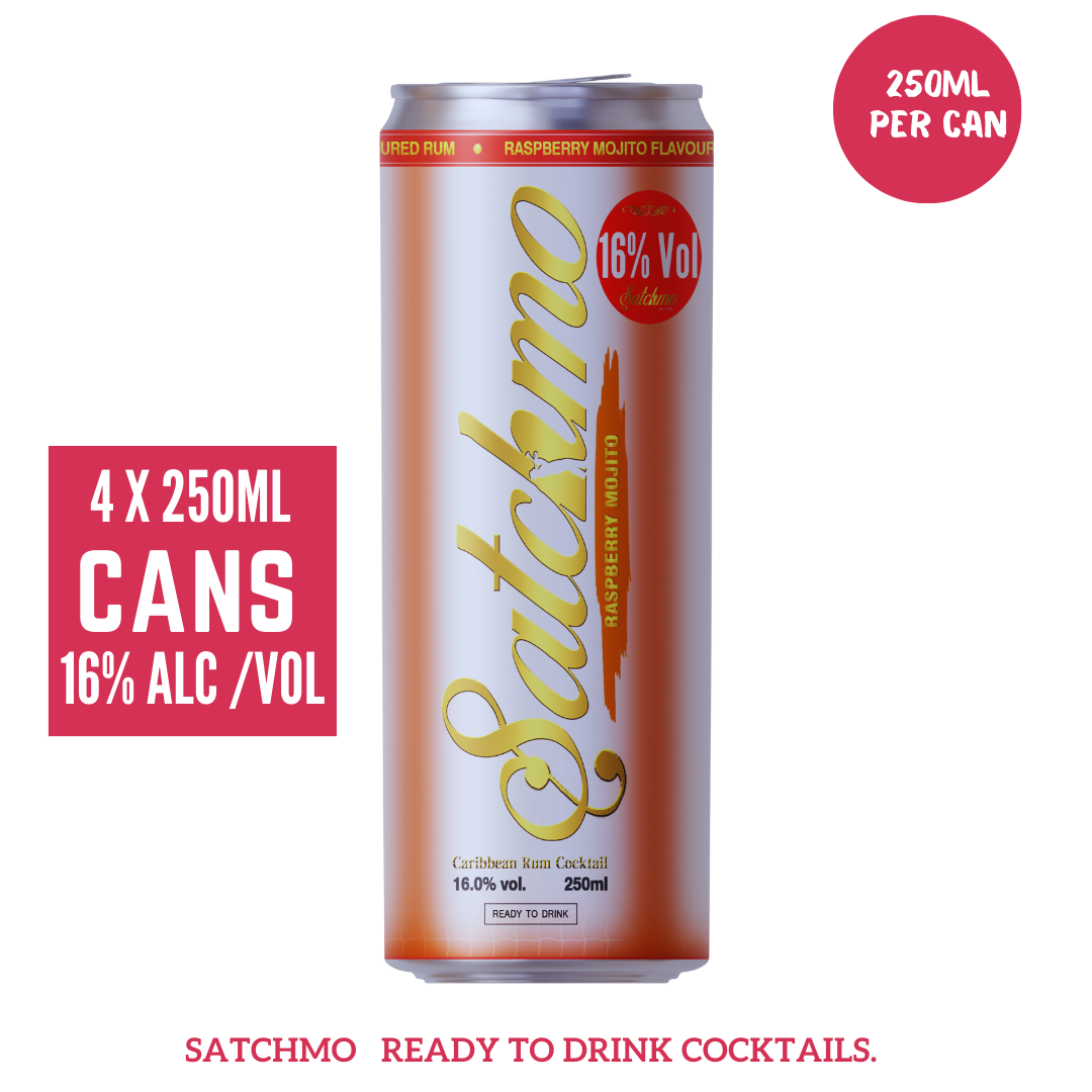 Satchmo Raspberry Mojito Rum Cocktail, 16% ABV, Premium  Bar Quality Cocktails, Ready To Drink , 4 x 250ml Cans