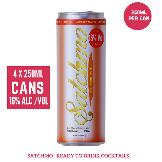 Satchmo Raspberry Mojito Rum Cocktail, 16% ABV, Premium  Bar Quality Cocktails, Ready To Drink , 4 x 250ml Cans - Rumtops Ltd 