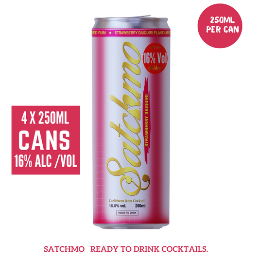 Satchmo Strawberry Daiquiri Rum Cocktail, 16% ABV, Premium  Bar Quality Cocktails, Ready To Drink , 4 x 250ml Cans - Rumtops Ltd 